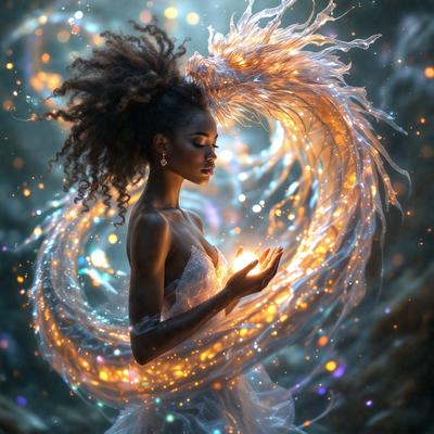 The primary subject of the image is a woman with a beautiful, flowing mane. She is holding a light in her hand, which illuminates her hair and creates a captivating visual effect. The setting is a dark, possibly magical, environment, which adds to the overall atmosphere of the scene. The visual style of the image is a combination of digital art and illustration, creating a unique and eye-catching representation of the woman and her light. The colors and mood of the image are predominantly dark,
